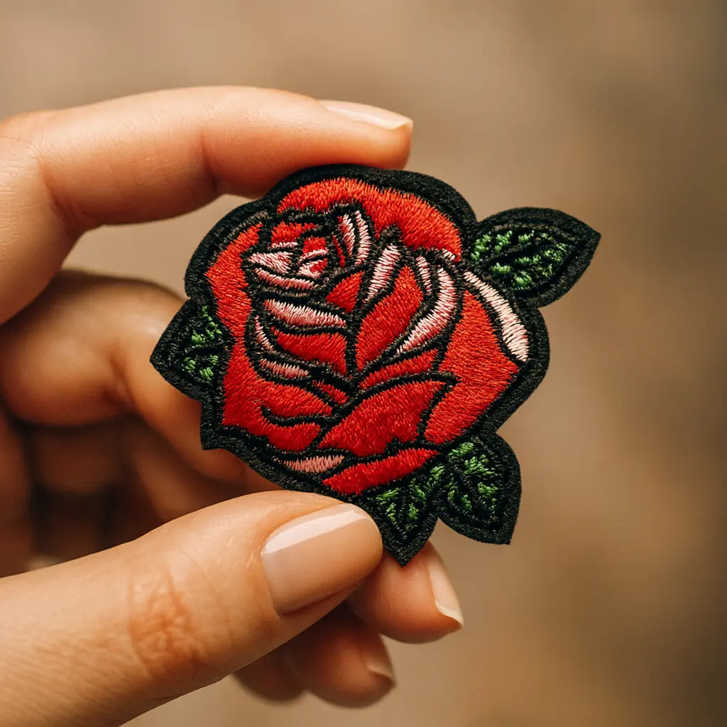 [P1303] Écusson brodé thermocollant Bouton de rose rouge