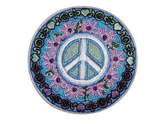 [P1312] Écusson brodé thermocollant Peace & Love Patch Mandala Signe de Paix Floral - Renfort Textile Décoratif (Ø 8 cm)