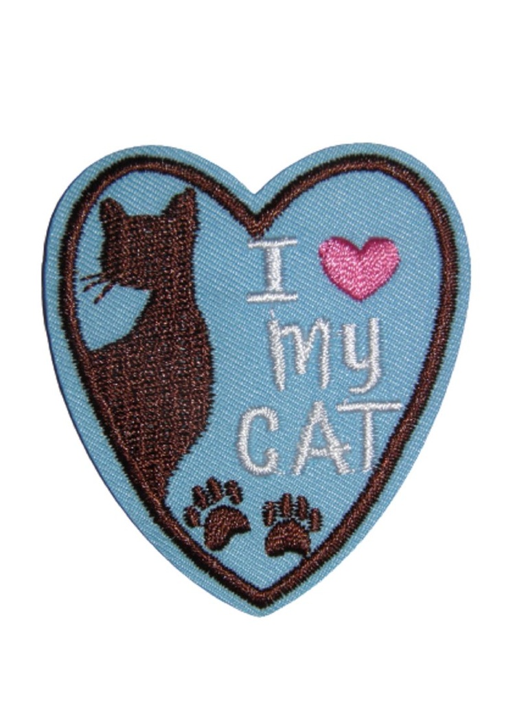 Écusson brodé thermocollant Cœur bleu J'aime mon Chat