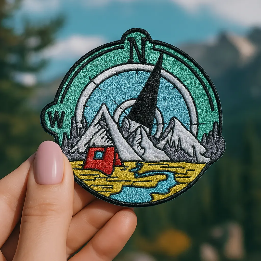 [P1369] Écusson brodé thermocollant Boussole Camping Montagnes
