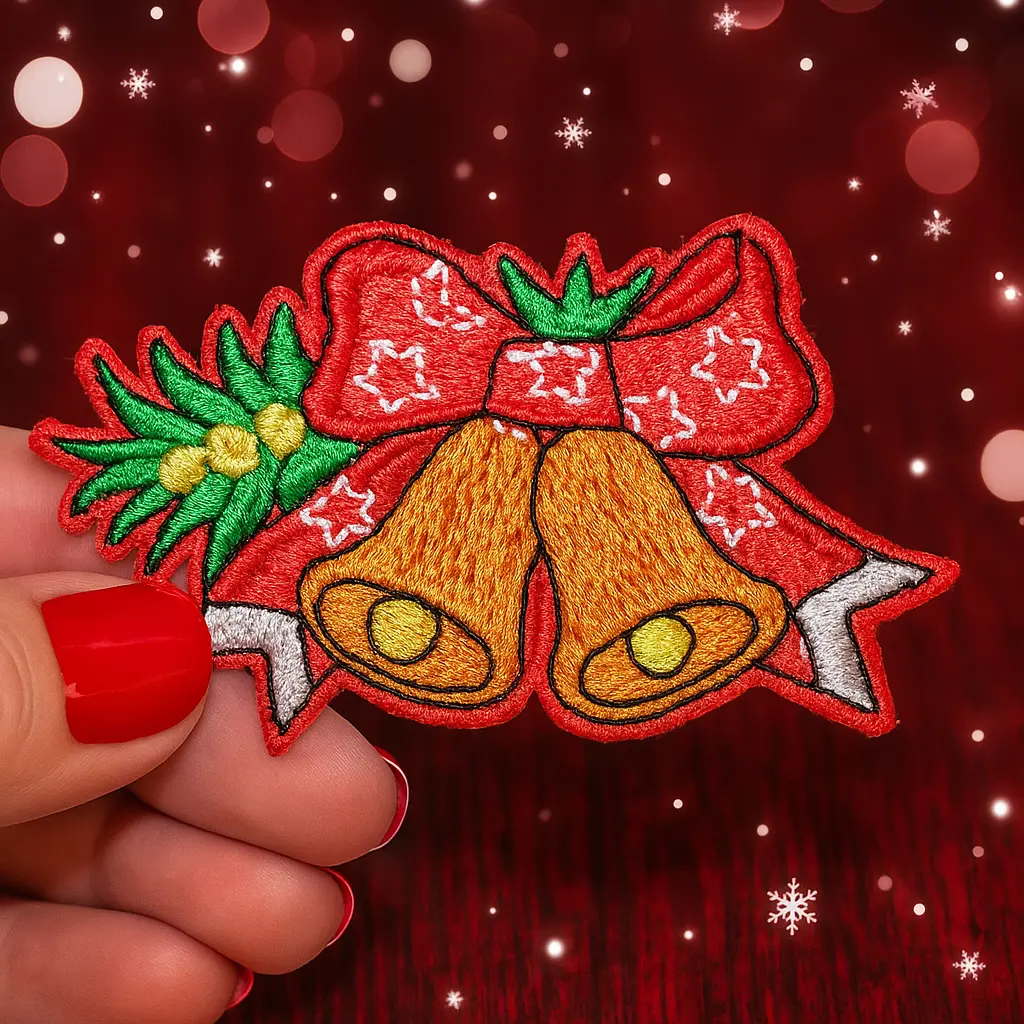 Écusson brodé thermocollant Cloches de Noël et Nœud Rouge