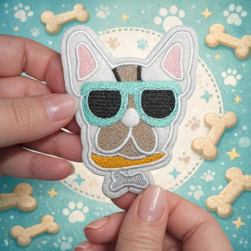 Patch Thermocollant Bouledogue à lunettes – Renfort Textile Décoratif "Frenchie" avec Médaille Os