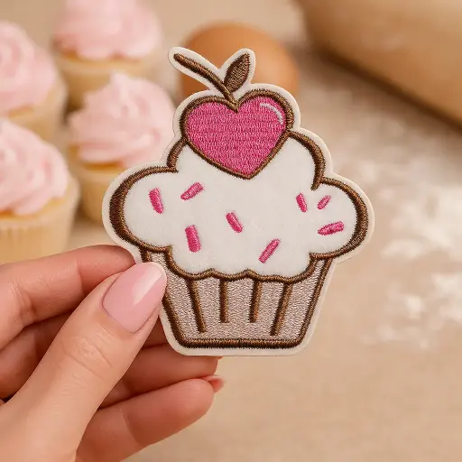 [P1059] Écusson brodé thermocollant Cupcake coeur rose