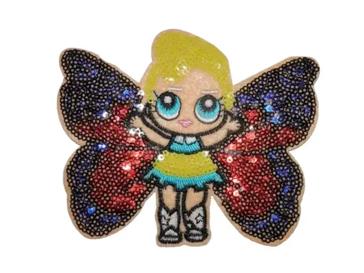 [P3015] Écusson brodé thermocollant à sequins Grande poupée papillon