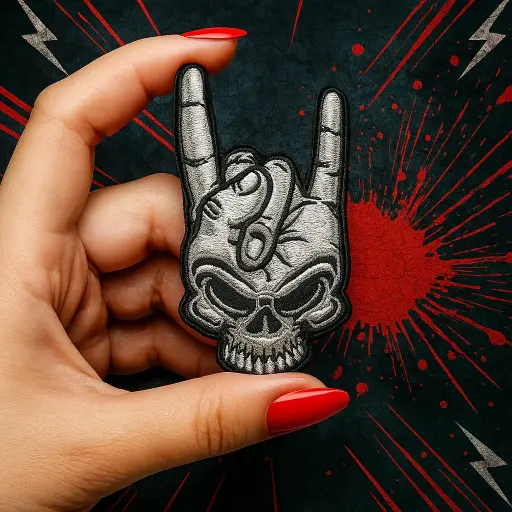 [P1352] Écusson brodé thermocollant Main squelette rockeur