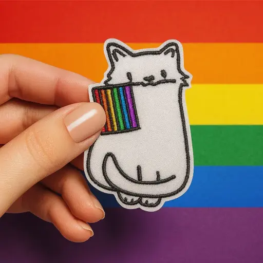 [P1426] Écusson brodé thermocollant Chat Blanc Drapeau Arc-en-ciel - Symbole Fierté